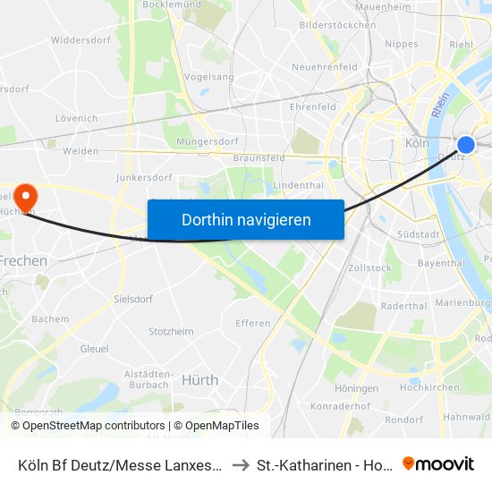 Köln Bf Deutz/Messe Lanxess Arena to St.-Katharinen - Hospital map