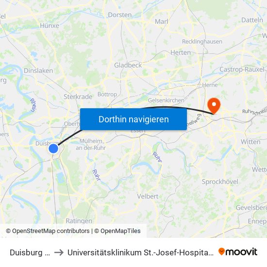 Duisburg Hbf to Universitätsklinikum St.-Josef-Hospital Bochum map