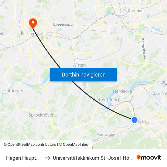 Hagen Hauptbahnhof to Universitätsklinikum St.-Josef-Hospital Bochum map