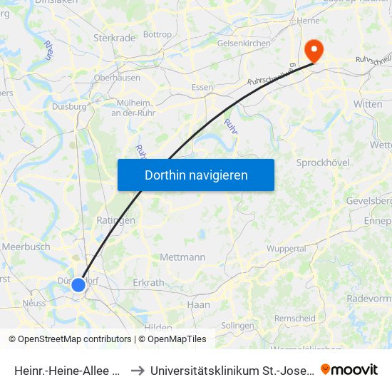 Heinr.-Heine-Allee U - Düsseldorf to Universitätsklinikum St.-Josef-Hospital Bochum map