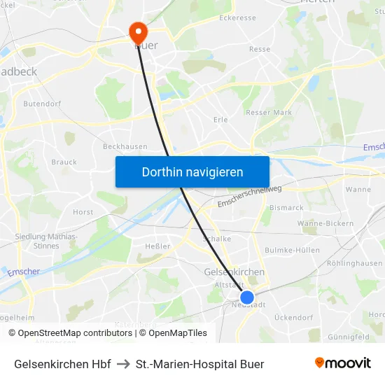 Gelsenkirchen Hbf to St.-Marien-Hospital Buer map