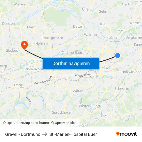 Grevel - Dortmund to St.-Marien-Hospital Buer map