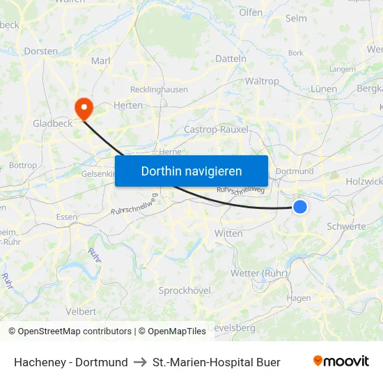 Hacheney - Dortmund to St.-Marien-Hospital Buer map