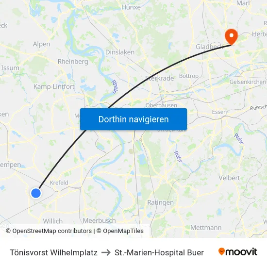 Tönisvorst Wilhelmplatz to St.-Marien-Hospital Buer map
