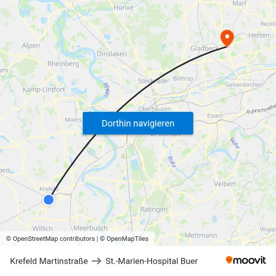 Krefeld Martinstraße to St.-Marien-Hospital Buer map