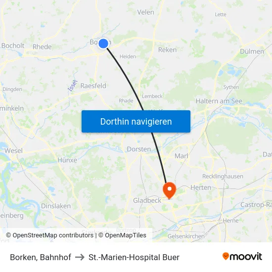 Borken, Bahnhof to St.-Marien-Hospital Buer map