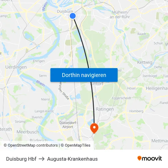 Duisburg Hbf to Augusta-Krankenhaus map