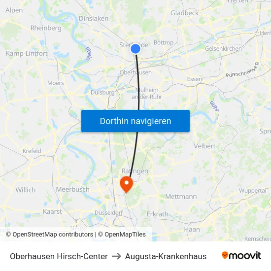 Oberhausen Hirsch-Center to Augusta-Krankenhaus map