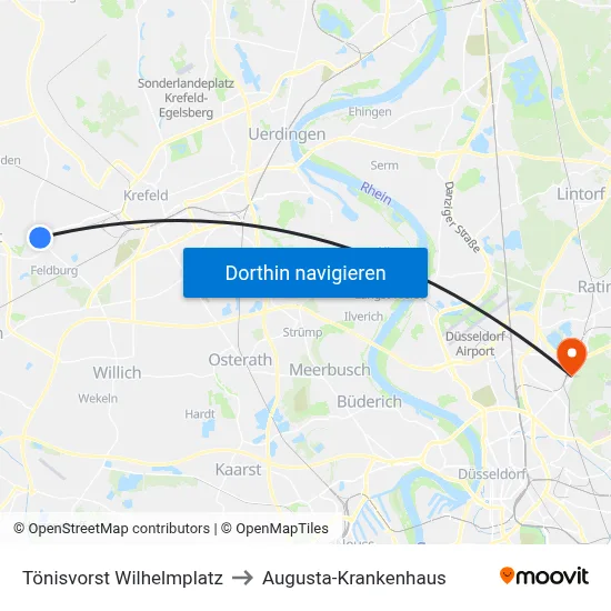 Tönisvorst Wilhelmplatz to Augusta-Krankenhaus map