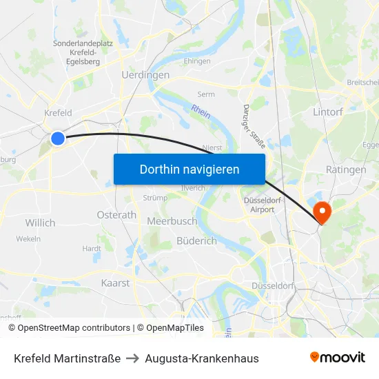 Krefeld Martinstraße to Augusta-Krankenhaus map