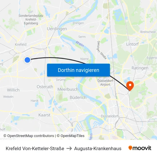 Krefeld Von-Ketteler-Straße to Augusta-Krankenhaus map