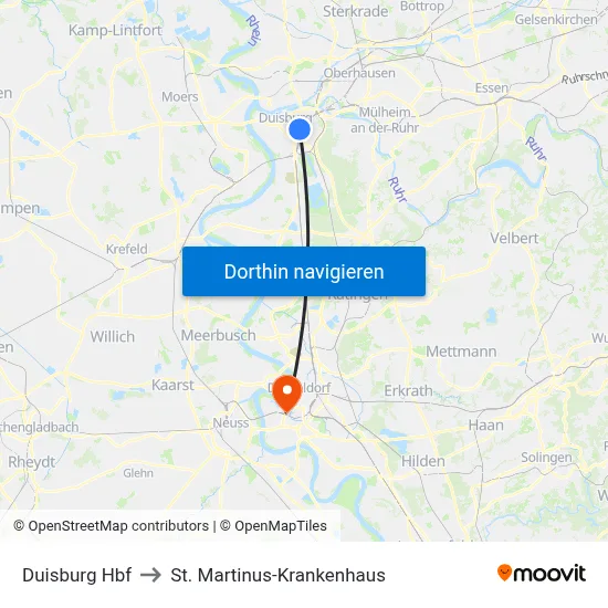 Duisburg Hbf to St. Martinus-Krankenhaus map