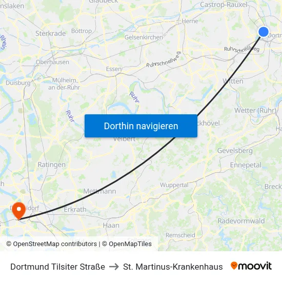 Dortmund Tilsiter Straße to St. Martinus-Krankenhaus map