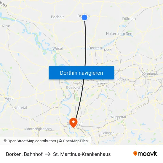 Borken, Bahnhof to St. Martinus-Krankenhaus map