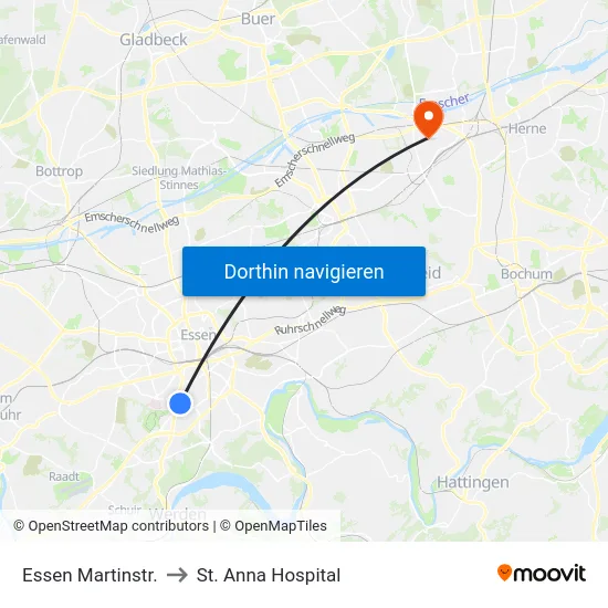 Essen Martinstr. to St. Anna Hospital map