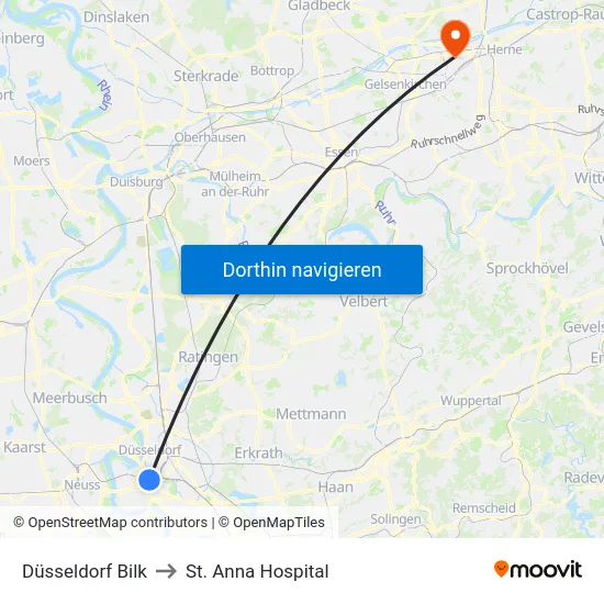 Düsseldorf Bilk to St. Anna Hospital map