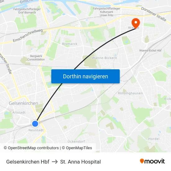 Gelsenkirchen Hbf to St. Anna Hospital map