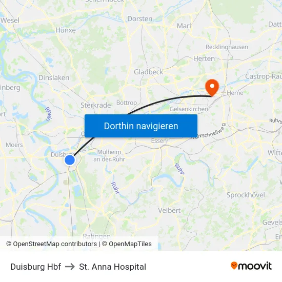Duisburg Hbf to St. Anna Hospital map