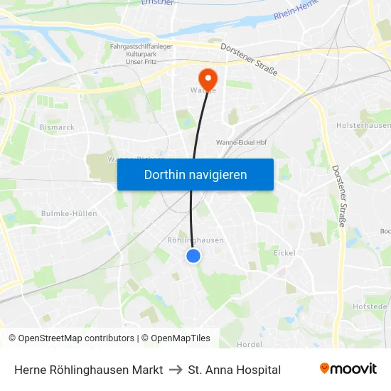 Herne Röhlinghausen Markt to St. Anna Hospital map
