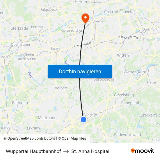 Wuppertal Hauptbahnhof to St. Anna Hospital map