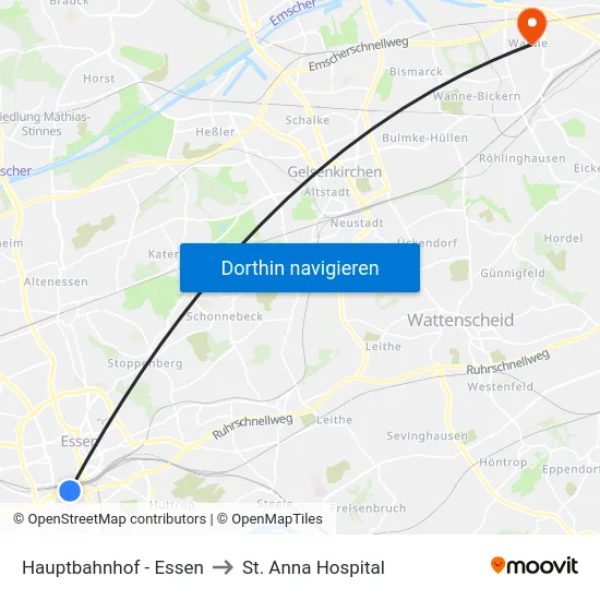 Hauptbahnhof - Essen to St. Anna Hospital map