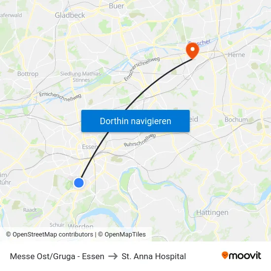 Messe Ost/Gruga - Essen to St. Anna Hospital map