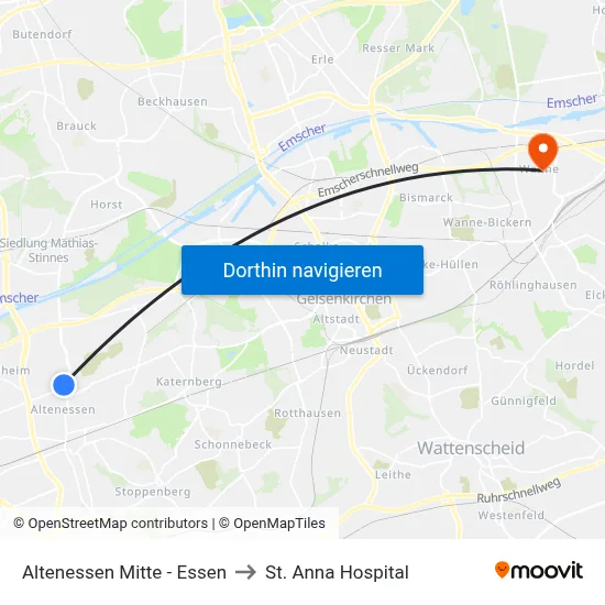 Altenessen Mitte - Essen to St. Anna Hospital map