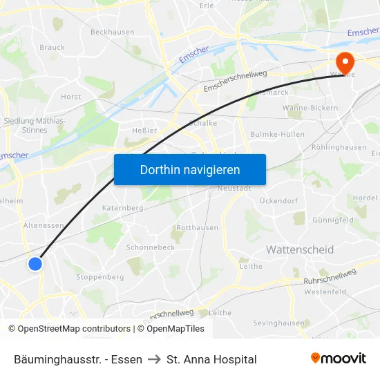 Bäuminghausstr. - Essen to St. Anna Hospital map