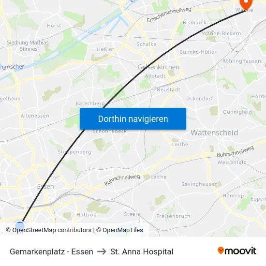 Gemarkenplatz - Essen to St. Anna Hospital map