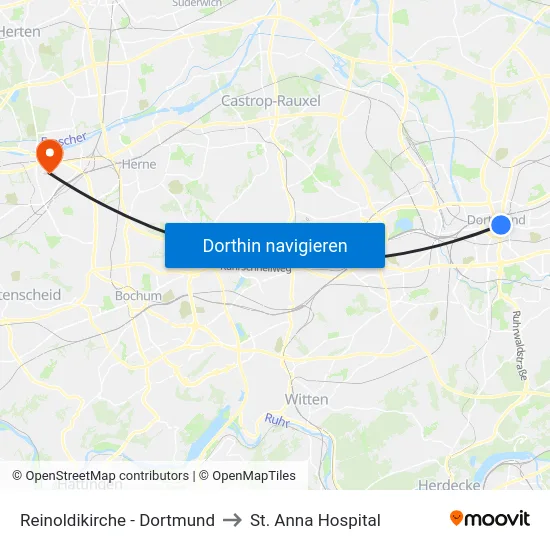 Reinoldikirche - Dortmund to St. Anna Hospital map