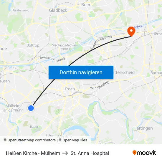 Heißen Kirche - Mülheim to St. Anna Hospital map