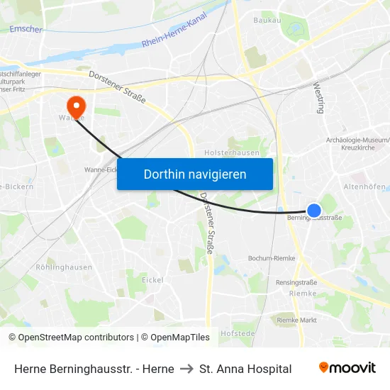 Herne Berninghausstr. - Herne to St. Anna Hospital map