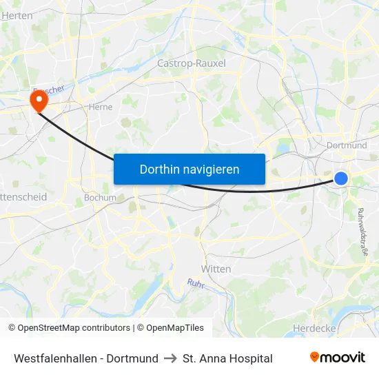 Westfalenhallen - Dortmund to St. Anna Hospital map