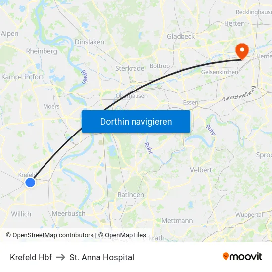 Krefeld Hbf to St. Anna Hospital map