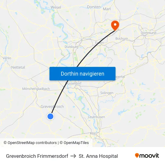 Grevenbroich Frimmersdorf to St. Anna Hospital map