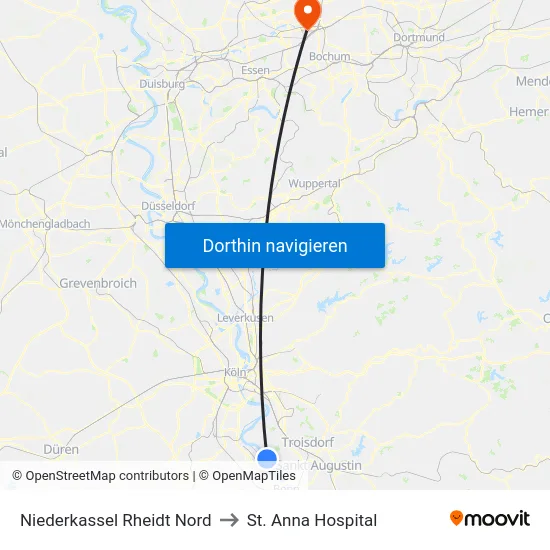 Niederkassel Rheidt Nord to St. Anna Hospital map