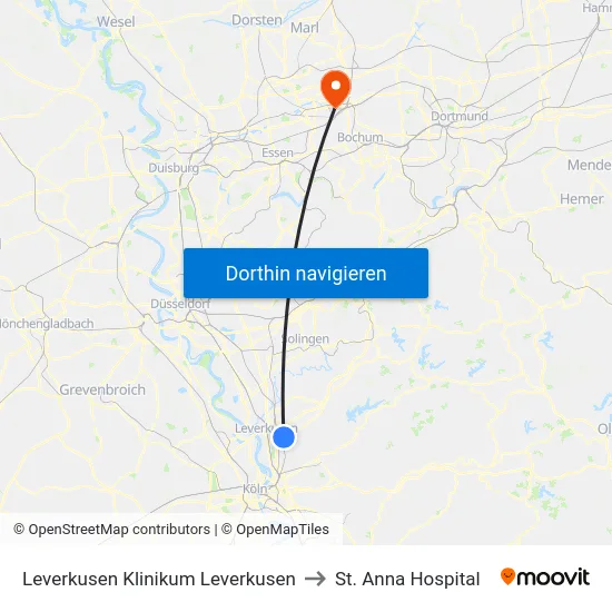 Leverkusen Klinikum Leverkusen to St. Anna Hospital map