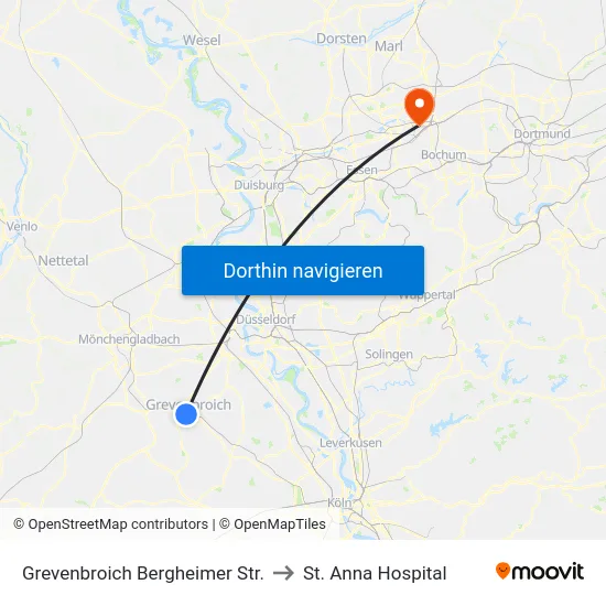 Grevenbroich Bergheimer Str. to St. Anna Hospital map