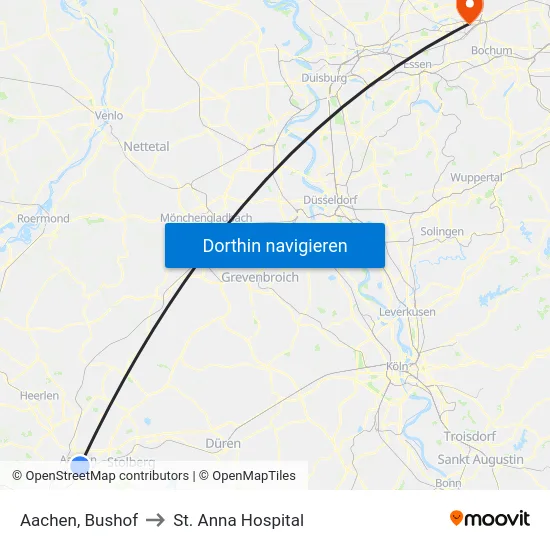 Aachen, Bushof to St. Anna Hospital map