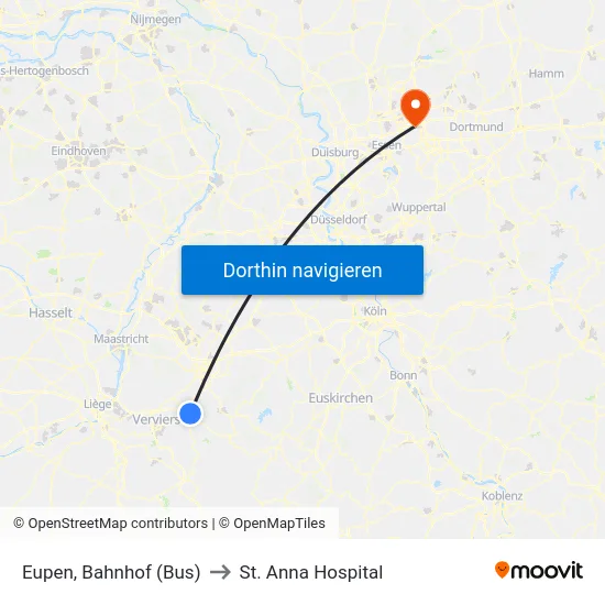 Eupen, Bahnhof (Bus) to St. Anna Hospital map