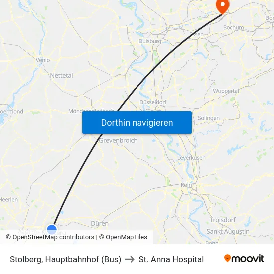 Stolberg, Hauptbahnhof (Bus) to St. Anna Hospital map