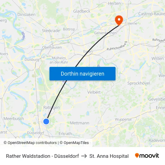 Rather Waldstadion - Düsseldorf to St. Anna Hospital map