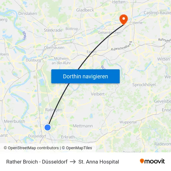 Rather Broich - Düsseldorf to St. Anna Hospital map