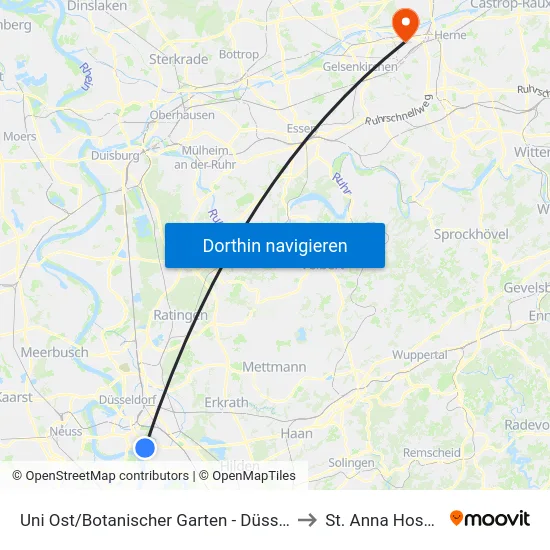 Uni Ost/Botanischer Garten - Düsseldorf to St. Anna Hospital map