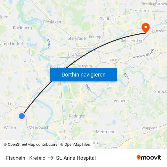 Fischeln - Krefeld to St. Anna Hospital map