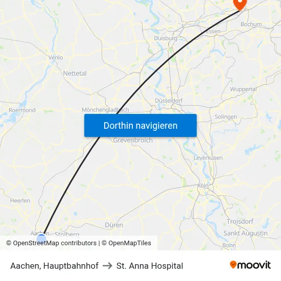 Aachen, Hauptbahnhof to St. Anna Hospital map