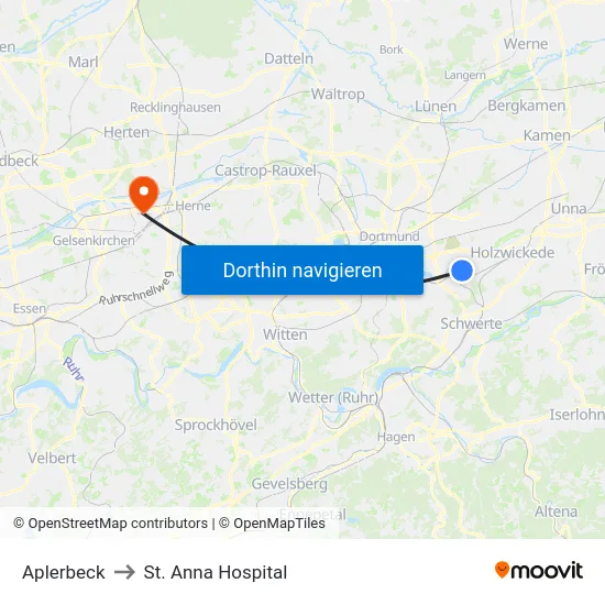 Aplerbeck to St. Anna Hospital map
