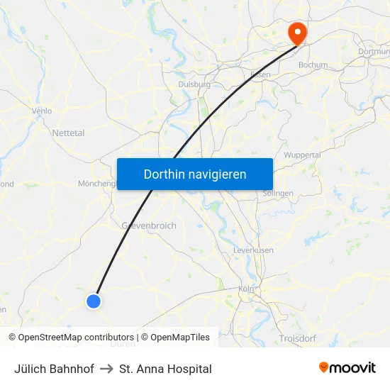 Jülich Bahnhof to St. Anna Hospital map