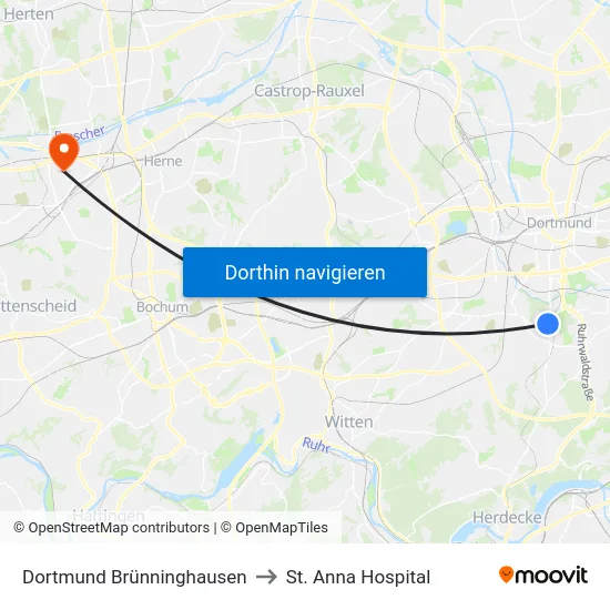 Dortmund Brünninghausen to St. Anna Hospital map