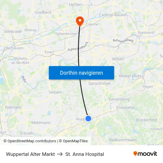 Wuppertal Alter Markt to St. Anna Hospital map